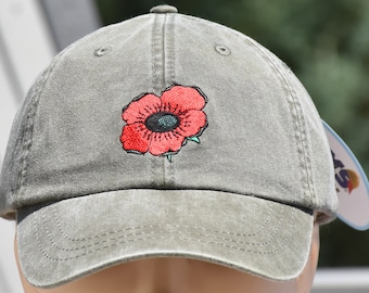 Red Poppy Embroidered Baseball Hat, Select Your Hat Color, Red Flower Embroidery