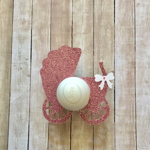 12 EOS baby shower lip balm holders baby carriage,EOS party favor,Lip balm party favor,Baby carriage,EOS lip balm holder, pink glitter