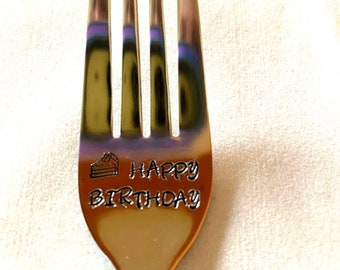 HAPPY BIRTHDAY  New Stainless Steel Hand Stamped Fork or Spoon