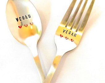 Vegan (hearts) ~ Hand Stamped Fork. Unique Gift for the VEGAN Lover in your life.  New Flatware