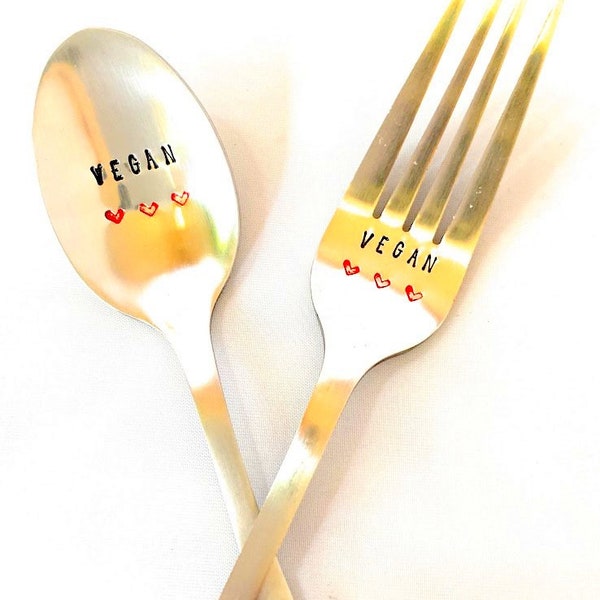 Vegan (hearts) ~ Hand Stamped Fork. Unique Gift for the VEGAN Lover in your life.  New Flatware