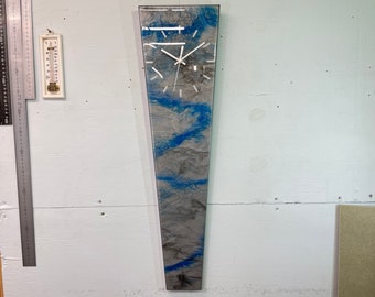 70cm Long Metallic Silver Blue & Black Abstract Resin Wall Clock, Modern Wall Clock, Unusual Wall Clock, Modern Home Decor,