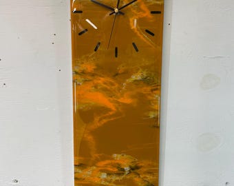 Narrow Burnt Orange Ivory and Black Abstract Resin Wall Clock, Long Modern Wall Clock, Unusual Wall Clock, Modern Home Decor,