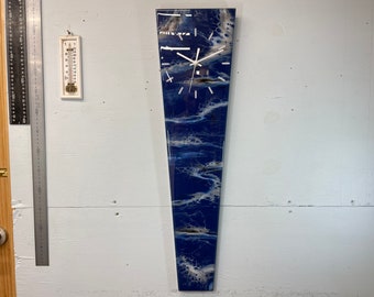 70cm Long Narrow Navy Blue Silver and White Abstract Resin Wall Clock, Modern Wall Clock, Unusual Wall Clock, Modern Home Decor,