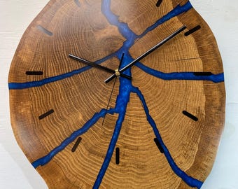 English Oak Wooden Wall Clock, Pearlescent Blue Resin Wood Clock, Blue Clock, Modern Wall Clock, Rustic Farmhouse