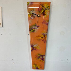 Narrow Burnt Orange Purple and Yellow Abstract Resin Wall Clock, Modern Wall Clock, Kitchen Clock, Unusual Wall Clock.