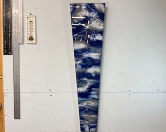 70cm Long Narrow Navy Blue Grey and White Abstract Resin Wall Clock, Modern Wall Clock, Unusual Wall Clock, Modern Home Decor,