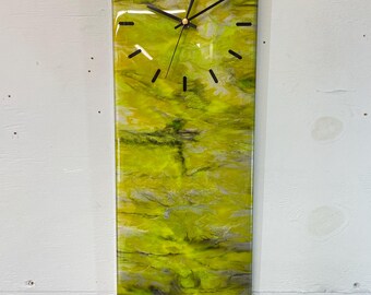 Narrow Metallic Silver Yellow Lime and Green Abstract Resin Wall Clock, Long Modern Wall Clock, Unusual Wall Clock, Modern Home Decor,