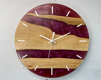 English Oak and Pearlescent Magenta Resin Wall Clock, 28cm Modern Wall Clock, Abstract Wall Clock, Unusual Wall Clocks, unique clocks