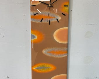 Narrow  Brown Orange and Ivory Abstract Resin Wall Clock, Long Modern Wall Clock, Unusual Wall Clock, Modern Home Decor,
