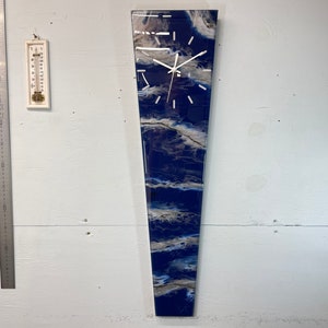 70cm Long Narrow Navy Blue Silver and White Abstract Resin Wall Clock, Modern Wall Clock, Unusual Wall Clock, Modern Home Decor,