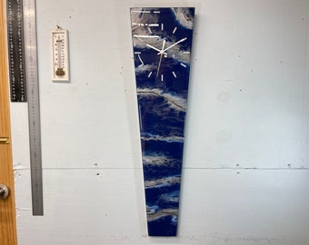 70cm Long Narrow Navy Blue Silver and White Abstract Resin Wall Clock, Modern Wall Clock, Unusual Wall Clock, Modern Home Decor,