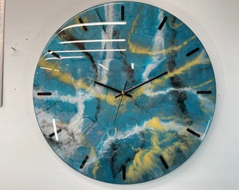 50cm Large Turquoise Black White and Gold Modern Resin Wall Clock, Unusual Wall Clock, Modern Wall Clock, Abstract Resin Wall Clock