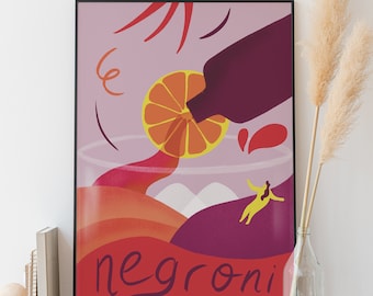 Stampa artistica del cocktail Negroni: illustrazione colorata e audace (A5 A4)