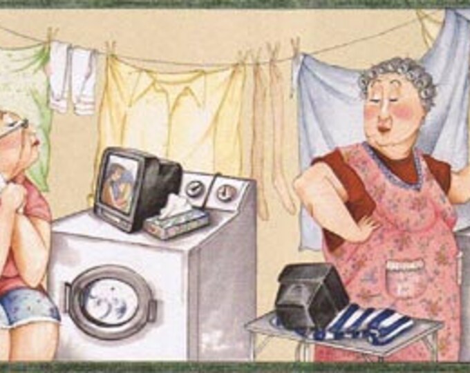 Windy Clothesline Country Laundry Wallpaper Border Laundry Room Wall Decor Green, Cream 15 Ft L