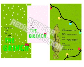 Puede incluir: Un conjunto de tres impresiones temáticas de Grinch. Una impresión verde presenta lunares blancos y las palabras "You're the...the...the...the...THE GRINCH." Otra impresión rosa tiene las palabras "You're the...the...the...THE GRINCH." La tercera impresión verde muestra al Grinch con un horario.