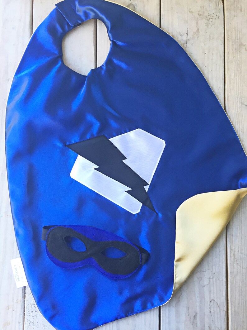 Children/'s Dress-Uppersonalized Superhero Cape /& Mask Gift idea ChristmasHanukkahBirthdaysHolidays Regal Blue and gold Lightning Bo