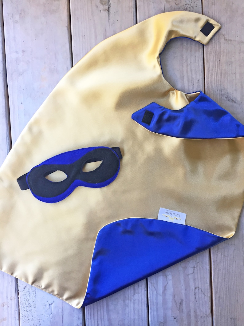 Children/'s Dress-Uppersonalized Superhero Cape /& Mask Gift idea ChristmasHanukkahBirthdaysHolidays Regal Blue and gold Lightning Bo