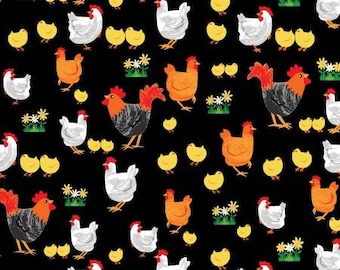 100/% Cotton Poplin Fabric Rose /& Hubble Spotted Hens Chicken Farm Animals