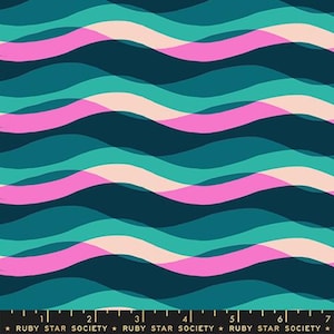May include: Fabric with a repeating wave pattern in teal, pink, and light peach hues. The waves overlap, creating a layered effect against a dark teal background. The text "RUBY STAR SOCIETY" is at the bottom.