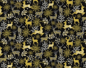 Merry Christmas Metallic Deer and floral Black by Timeless Treasures Collection CM3623-BLACK Fabric is sold in HALF YARD increments