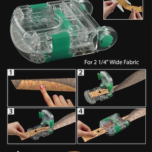 May include: A clear and green Magic Binding Maker with Binding Spool. The tool is designed for 2 1/4" wide fabric and features No-Iron E-Z Fold Binding. The image shows the process of making sharp crease binding.