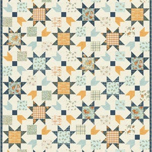 May include: A patchwork quilt with a repeating star pattern. The stars are made of various patterned fabrics in shades of blue, orange, and cream. The quilt has a navy blue border and is likely made of cotton.