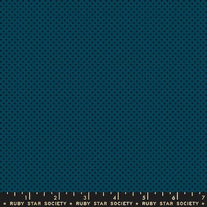 May include: Teal fabric with a repeating pattern of small, dark blue dots. The dots are evenly spaced across the surface. The bottom of the image shows a ruler with the text "RUBY STAR SOCIETY".