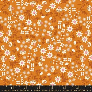 May include: A seamless fabric pattern featuring a variety of white flowers and floral motifs on a warm orange background.