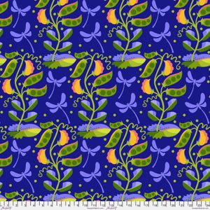 May include: A repeating pattern featuring stylized pea plants with green pods and orange flowers, along with purple dragonflies, set against a deep blue background. The design has a whimsical, nature-inspired theme.