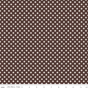 May include: A brown fabric with a white polka dot pattern. The dots are small and evenly spaced.