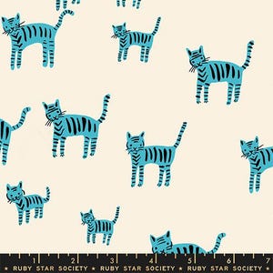 May include: A cream-colored fabric featuring a repeating pattern of stylized blue cats with black stripes. The cats are in various poses, some standing and others sitting. The text "RUBY STAR SOCIETY" is at the bottom.