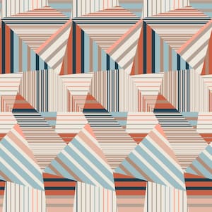 May include: Abstract geometric pattern with a repeating design of overlapping triangles. The triangles are made up of stripes in shades of blue, pink, beige, and brown.