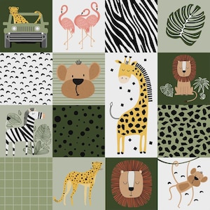 May include: A square pattern featuring various safari animals and patterns. Includes a cheetah in a jeep, pink flamingos, zebra stripes, a giraffe, a lion, a monkey, and other animal-themed designs. The color palette is primarily green, tan, and black.