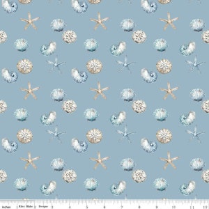 May include: A seamless pattern featuring a variety of seashells, starfish, and sand dollars on a light blue background. The pattern is perfect for fabric, wallpaper, or other decorative projects.