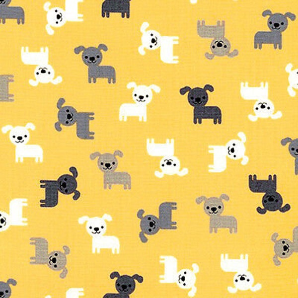 Urban Zoologie Minis by Robert Kaufman fabrics, AAK-16534-5 YELLOW grey and white  puppies on yellow background.Sold in HALF yard increments