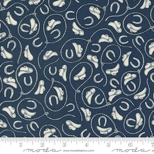 May include: A navy blue fabric with a white repeating pattern of cowboy hats, horseshoes, and lasso ropes. The fabric is a quilting cotton and is perfect for crafting projects.