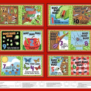 May include: A colorful illustrated children's book with a bug theme. Each page features a different bug and a number from 1 to 10. The book includes text such as "Bug! Bug! Bug!" and "Creepy Critters Different Shapes and Sizes".