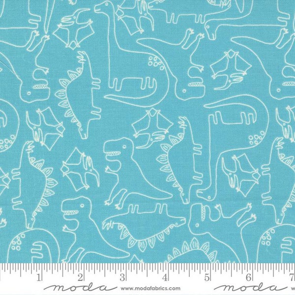 Stomp Stomp Roar Aqua (Blue) Dino Sketch by Stacy Iest Hsu for Moda Fabrics 20821 14 Fabric is sold in HALF YARD increments