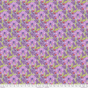 May include: A repeating pattern of stylized butterflies, flowers, and leaves in shades of purple, pink, red, and green. The design features symmetrical arrangements of the floral and insect elements, creating a visually dense and decorative fabric.