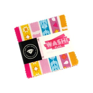 May include: A stack of colorful fabric squares, featuring pink, yellow, orange, and teal patterns. The fabric is wrapped with a black band that reads "Ruby Star Society" and a label that says "Washi Plus". Each square measures 2.5 inches.
