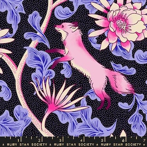 May include: A fabric design featuring a pink fox leaping amidst stylized blue leaves and pink flowers against a black dotted background. The design includes the text "RUBY STAR SOCIETY" along the bottom edge.