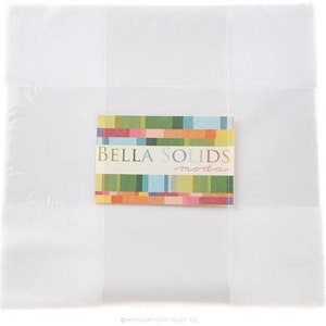 May include: A white fabric square with a colorful label that reads "Bella Solids Moda".