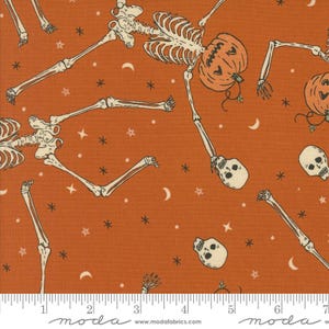 May include: Orange fabric with a repeating pattern of skeletons, pumpkins, and stars. The skeletons are in various poses, some holding pumpkins. The pumpkins are orange with black stems. The stars are white.