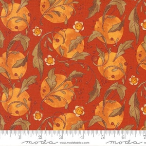 May include: Orange and brown floral fabric with a repeating pattern of stylized leaves and flowers on a red background. The fabric has a subtle watercolor effect and features a repeating pattern of circles.