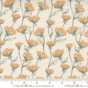 May include: A white fabric with a repeating pattern of yellow flowers with green stems and leaves. The fabric has a subtle texture and a soft, natural feel.