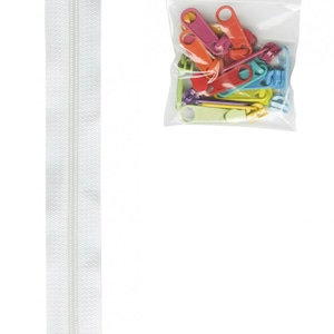 May include: A white zipper with a silver slider and a bag of colorful zipper pulls.