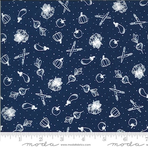 Homestead by April Rosenthal of Prairie Grass Patterns for Moda.White vegetables on Midnight background 24093 23.sold in HALF YARD increment