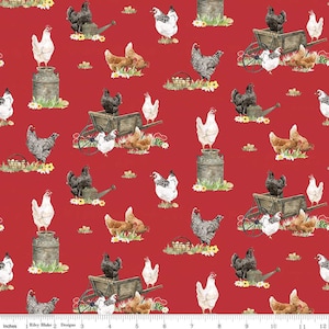 Spring Barn Quilts Chickens Red by Tara Reed for Riley Blake Designs, CD14331 RED Sold in HALF yard increments