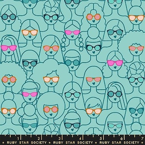 May include: A teal fabric pattern featuring a repeating design of stylized faces wearing various colored sunglasses. The faces are outlined in teal, with details like hair and facial features. The sunglasses are in shades of pink, orange, and black.